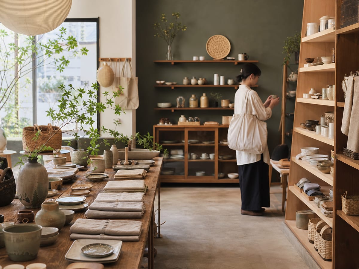 自然素材の道具が並ぶ店内